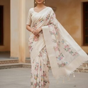 Half white floral print saree