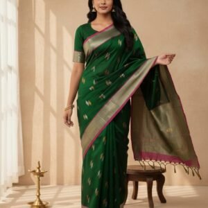 Home Bottle Green With Rani Pink Pure Cotton Silk Saree