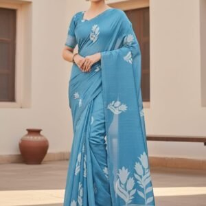 New Arrivals Ananda blue raw silk saree with delicate white thread work