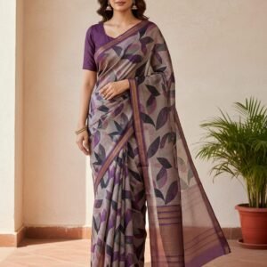 Home Soft Ivory With Purple Digital Print Saree