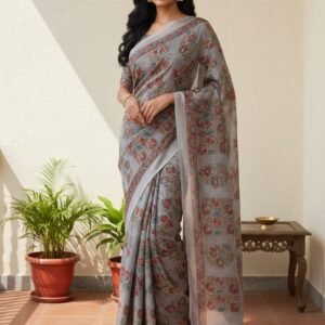 New Arrivals Grey colour katha work saree